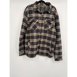 Roark Mens Plaid Quilted Lined Flannel Shirt Jacket Black Tan Large